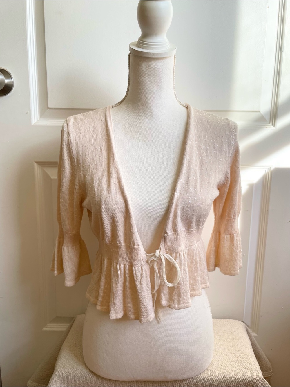 Vintage Y2K Silk Cotton Cropped Bolero Cardigan Sweater Sequins Ruffle M Fairy